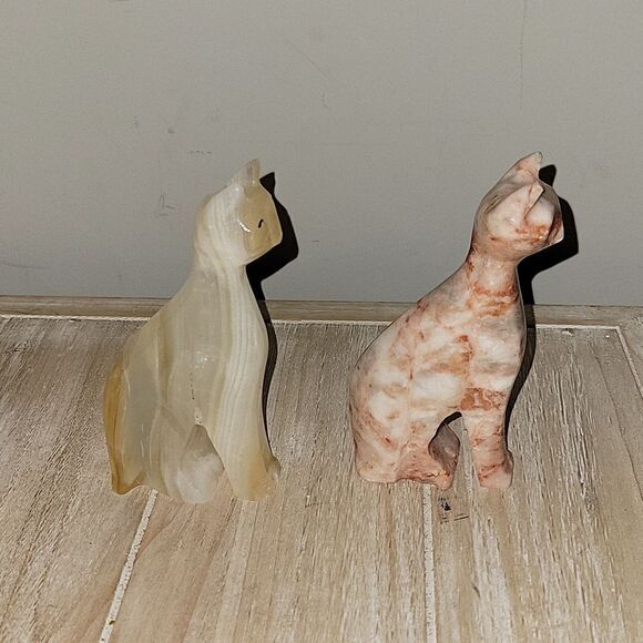 Vintage Pink Coral Marble Stone Cat & Honey Onxy Cat Tabletop Decor Crystal - Picture 3 of 7